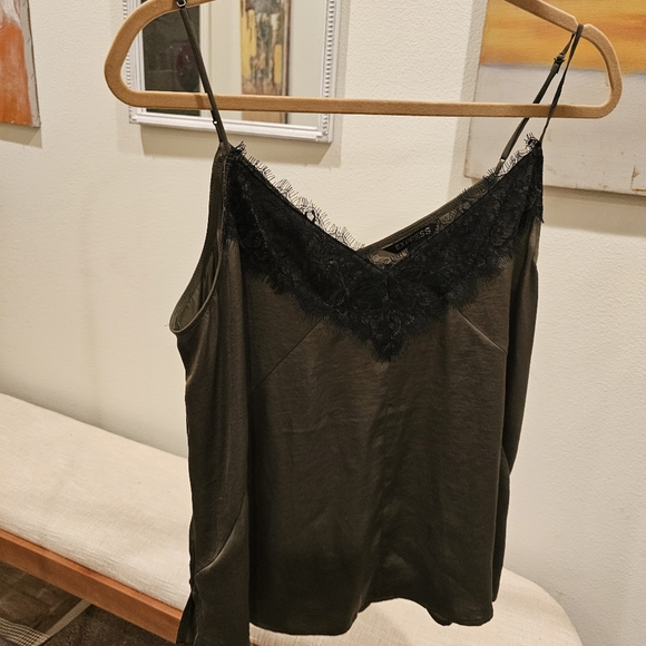 Express Olive Green top w/ Black Lace Trim - Picture 2 of 10
